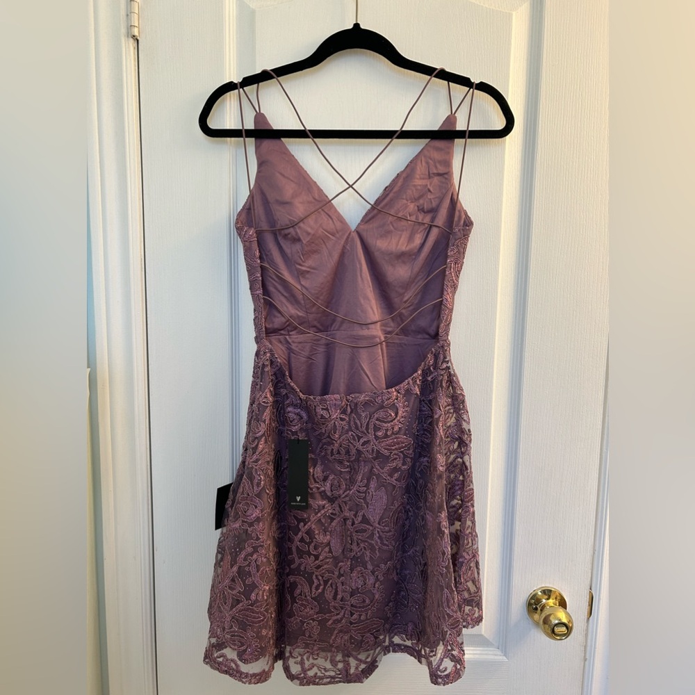 Lulus NWT Just Us Tonight Purple Embroidered Strappy Skater Dress - Picture 3 of 8